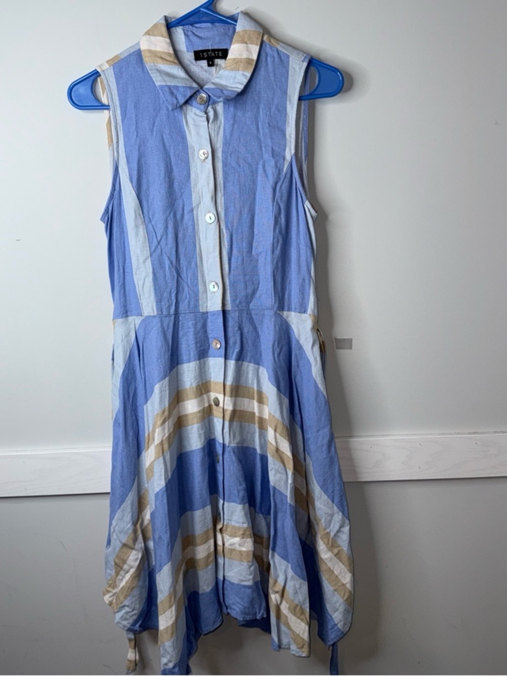 1. State Blue and Beige Striped Sleeveless Belted Linen Blend Shirt Dress